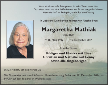 Traueranzeige von Margaretha Mathiak 