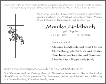 Traueranzeige von Monika Goldbach 