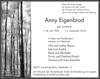 Traueranzeige von Anny Eigenbrod 