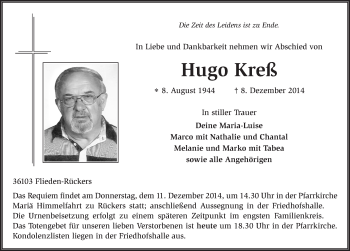 Traueranzeige von Hugo Kreß 