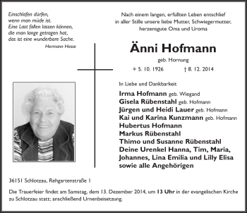 Traueranzeige von Änni Hofmann 