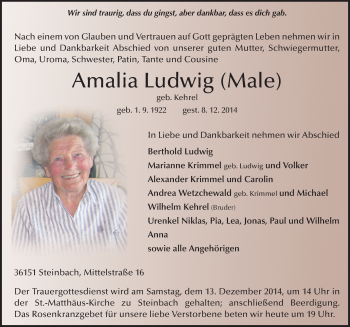 Traueranzeige von Amalia Ludwig 