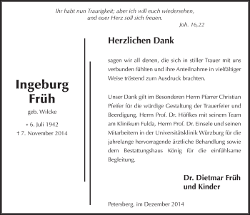 Traueranzeige von Ingeburg Früh 