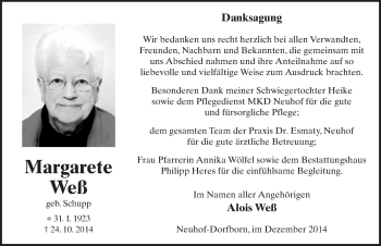 Traueranzeige von Margarete Weß 