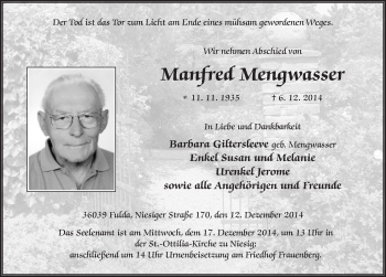 Traueranzeige von Manfred Mengwasser 