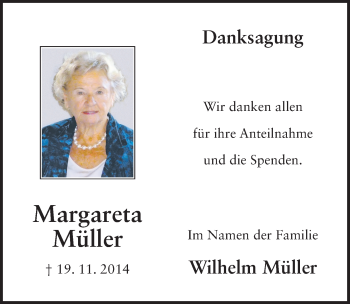 Traueranzeige von Margareta Müller 