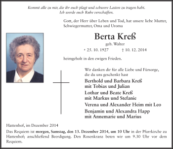 Traueranzeige von Berta Kress 