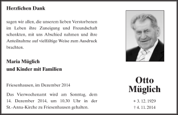 Traueranzeige von Otto Müglich 