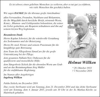 Traueranzeige von Helmut Willken 