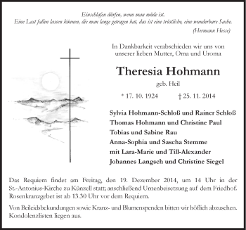 Traueranzeige von Theresia Hohmann 