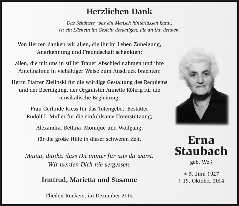  Traueranzeige für Erna Staubach vom 13.12.2014 aus 