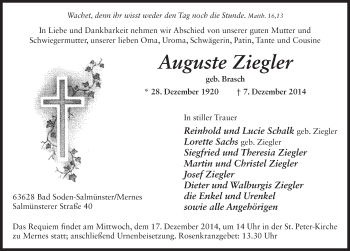 Traueranzeige von Auguste Ziegler 