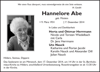 Traueranzeige von Hannelore Abe 