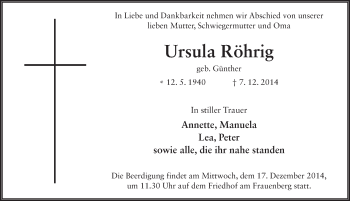 Traueranzeige von Ursula Röhrig 