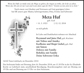 Traueranzeige von Meta Huf 