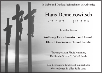Traueranzeige von Hans Demetrowitsch 