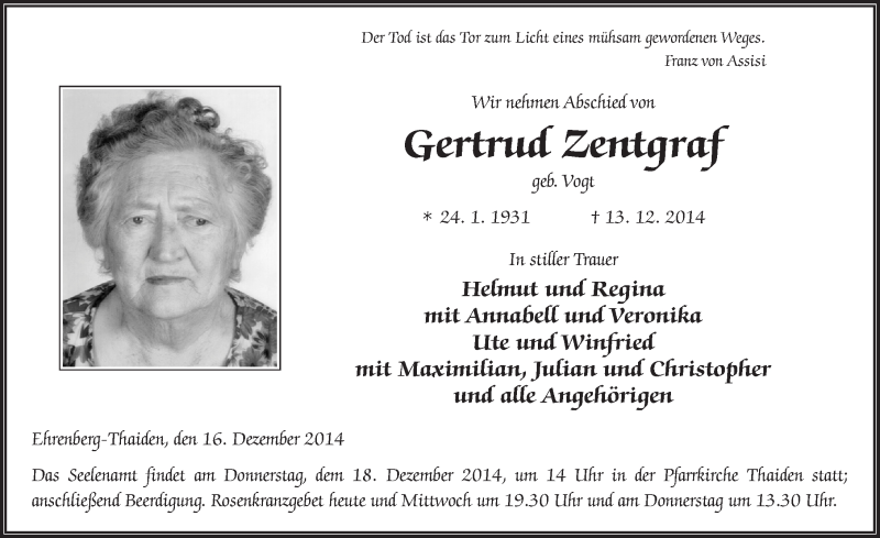  Traueranzeige für Gertrud Zentgraf vom 16.12.2014 aus 