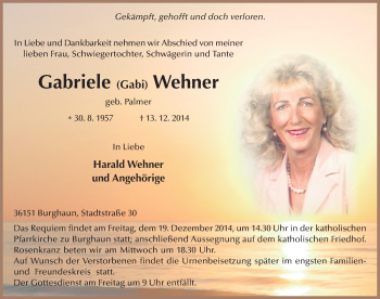 Traueranzeige von Gabriele Wehner 