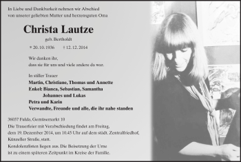 Traueranzeige von Christa Lautze 