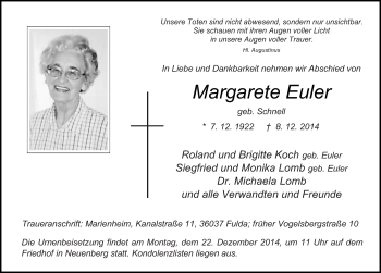 Traueranzeige von Margarete Euler 