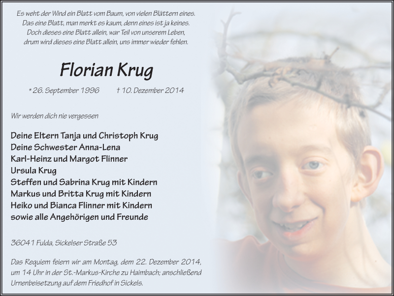  Traueranzeige für Florian Krug vom 17.12.2014 aus 