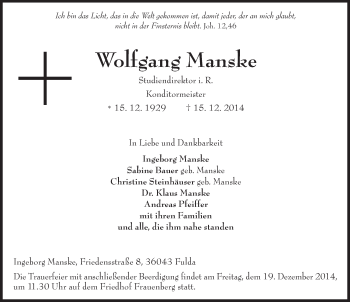 Traueranzeige von Wolfgang Manske 