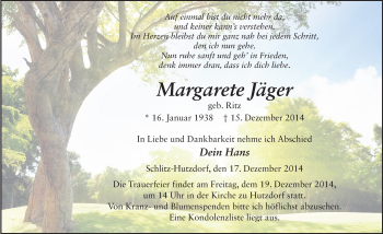 Traueranzeige von Margarete Jäger 