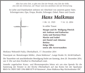 Traueranzeige von Hans Malkmus 