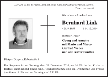 Traueranzeige von Bernhard Link 