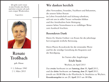 Traueranzeige von Renate Troßbach 
