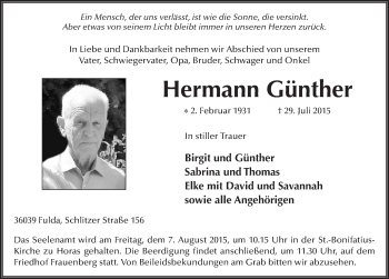 Traueranzeige von Hermann Günther 