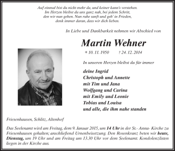 Traueranzeige von Martin Wehner 