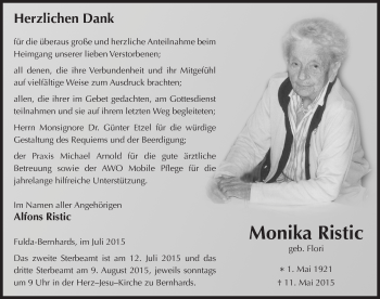 Traueranzeige von Monika Ristic 