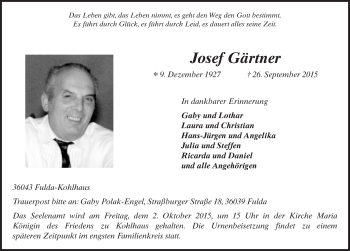 Traueranzeige von Josef Gärtner 