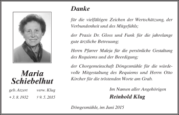 Traueranzeige von Maria Schiebelhut 