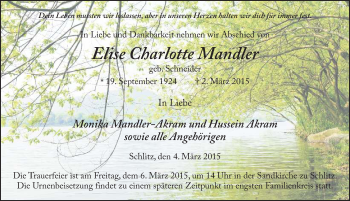 Traueranzeige von Elise Charlotte Mandler 