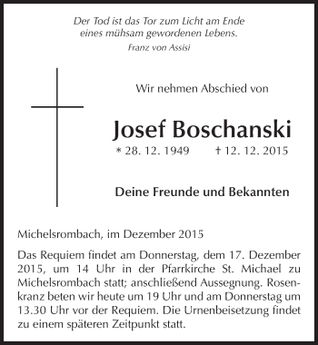 Traueranzeige von Josef Boschanski 