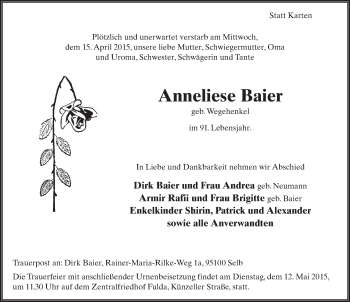 Traueranzeige von Anneliese Baier 