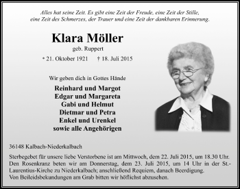 Traueranzeige von Klara Möller 