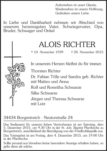 Traueranzeige von Alois Richter 