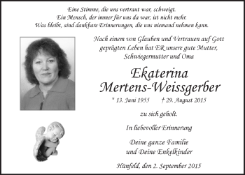 Traueranzeige von Ekaterina Mertens-Weissgerber 