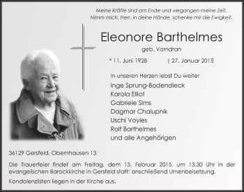 Traueranzeige von Eleonore Barthelmes 