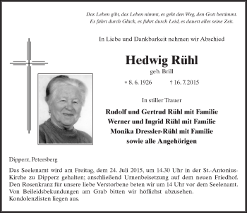 Traueranzeige von Hedwig Rühl 