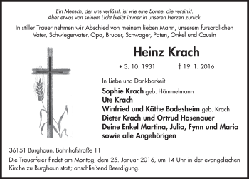 Traueranzeige von Heinz Krach 