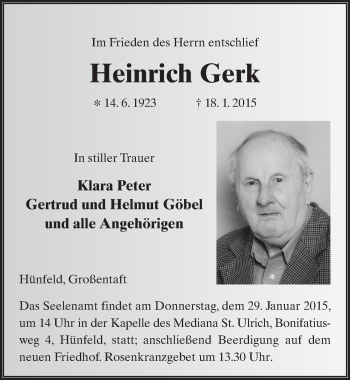 Traueranzeige von Heinrich Gerk 