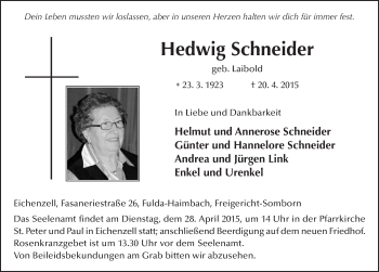 Traueranzeige von Hedwig Schneider 