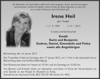 Traueranzeige von Irene Heil 