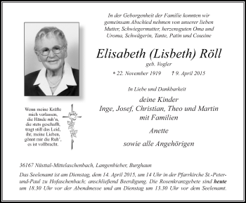 Traueranzeige von Elisabeth Röll 