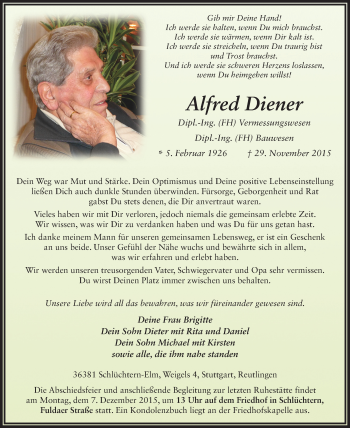 Traueranzeige von Alfred Diener 