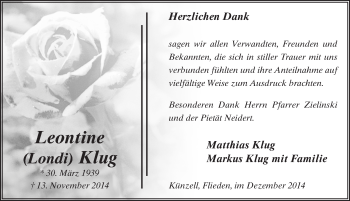 Traueranzeige von Leontine Klug 